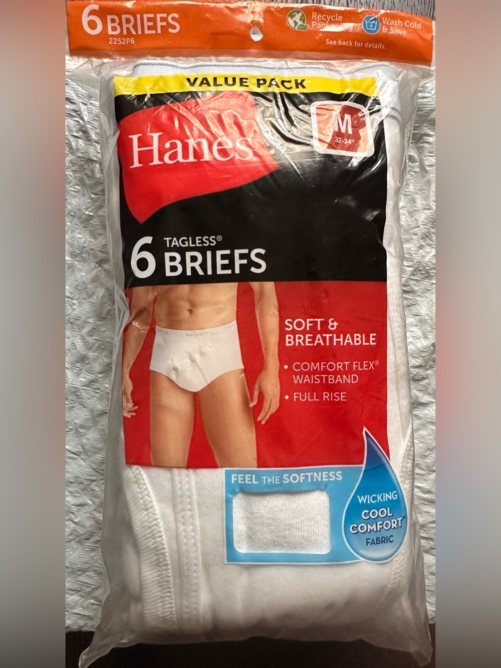 Hanes Men’s Tagless Briefs 6-Pack White Medium 100% Cotton New
